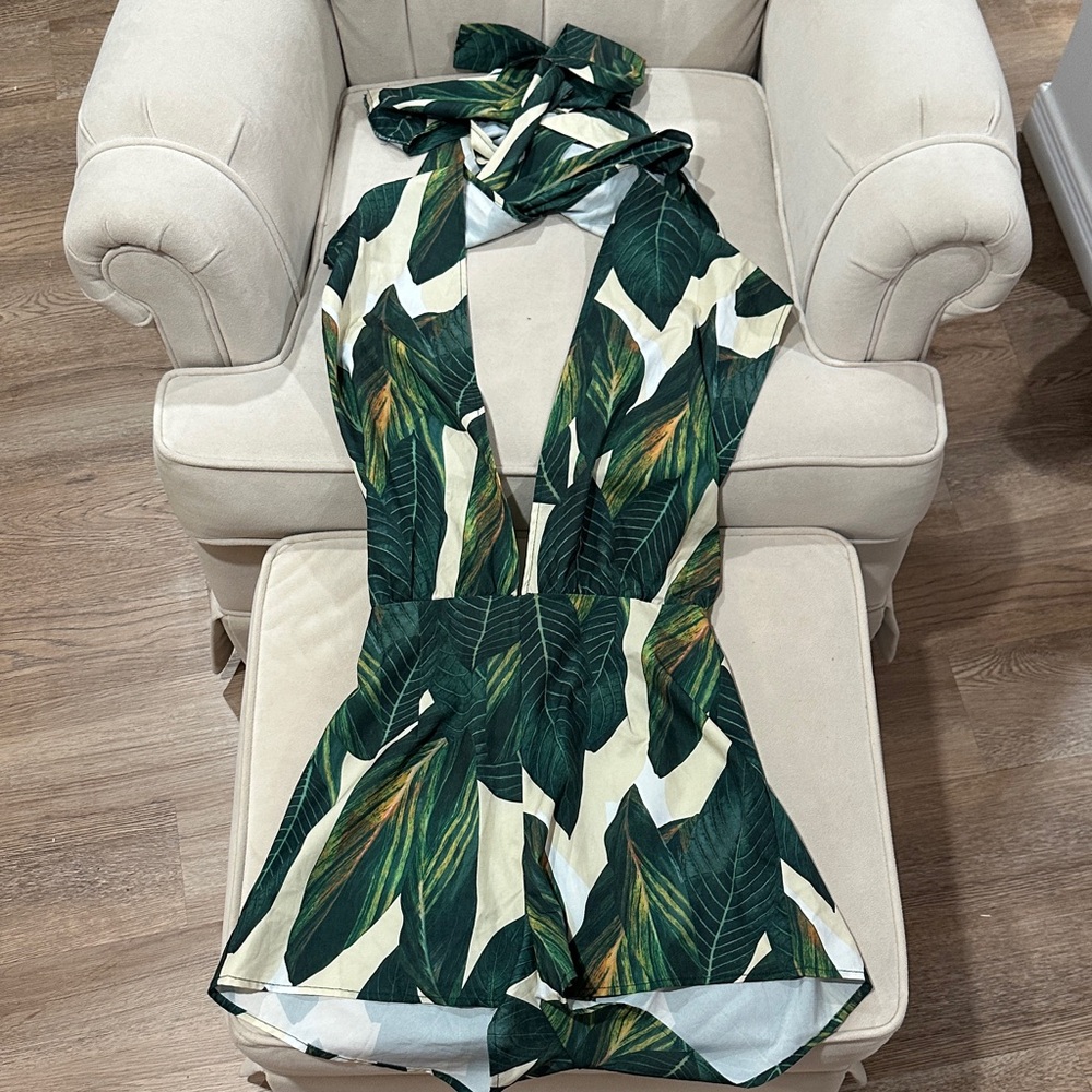 Green Leaf Print Romper